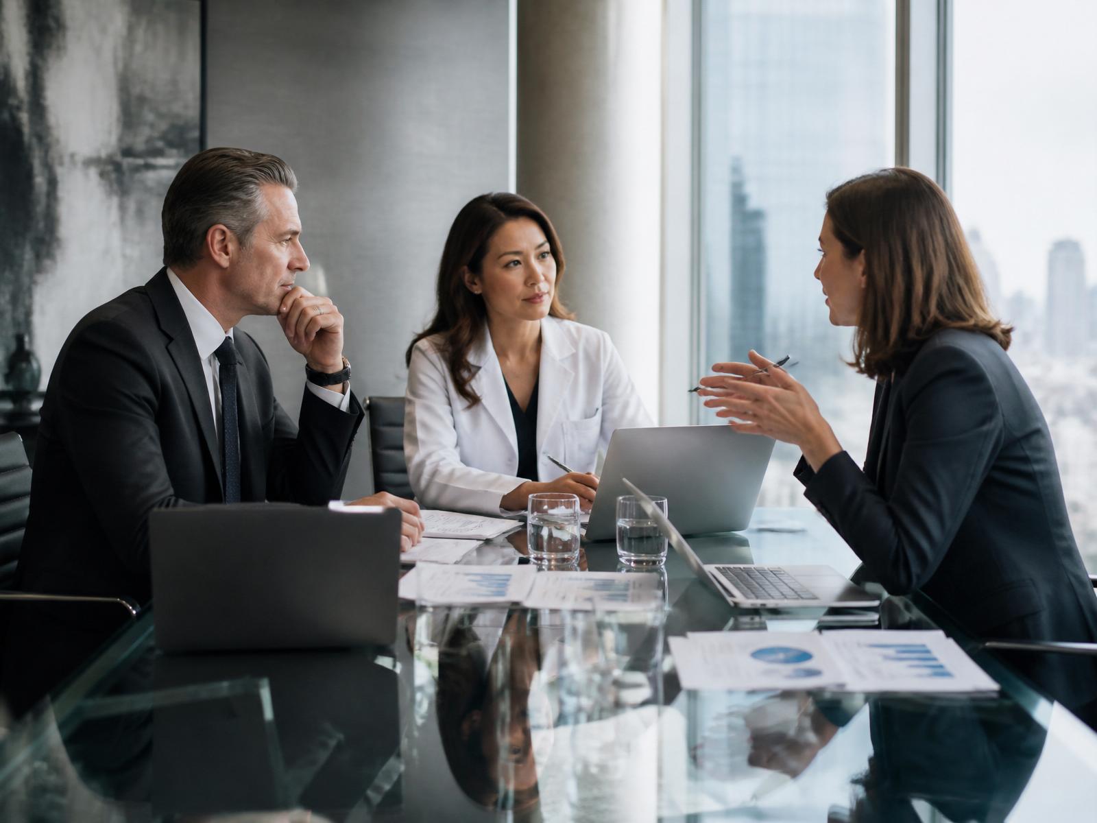 Executives meeting with an attorney and a physician in a modern office